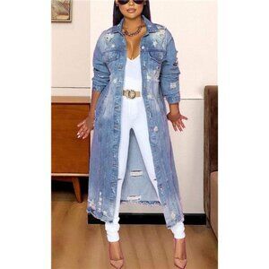 Light Wash Distressed Denim Maxi Jacket Long Jean Trench Coat Midi Jacket